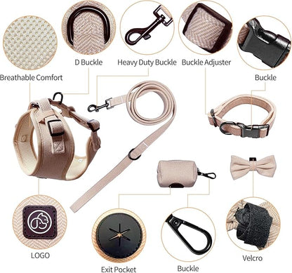 EVERKING 5-Piece Dog Travel Set, Adjustable Harness, Leash, Collar, Poop Bags, Bowtie for Small Medium Dogs, Beige, Breathable No-Pull Design (Beige, M)