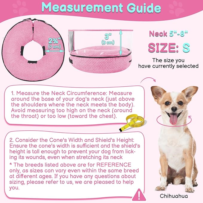 Soft Inflatable Dog Cone for Surgery Recovery, Protective Dog Donut Collar with Shield to Stop Licking Wounds, 2-in-1 Patented Comfort Blow-Up Collar for Small Pets, Chihuahua (Pink, S)