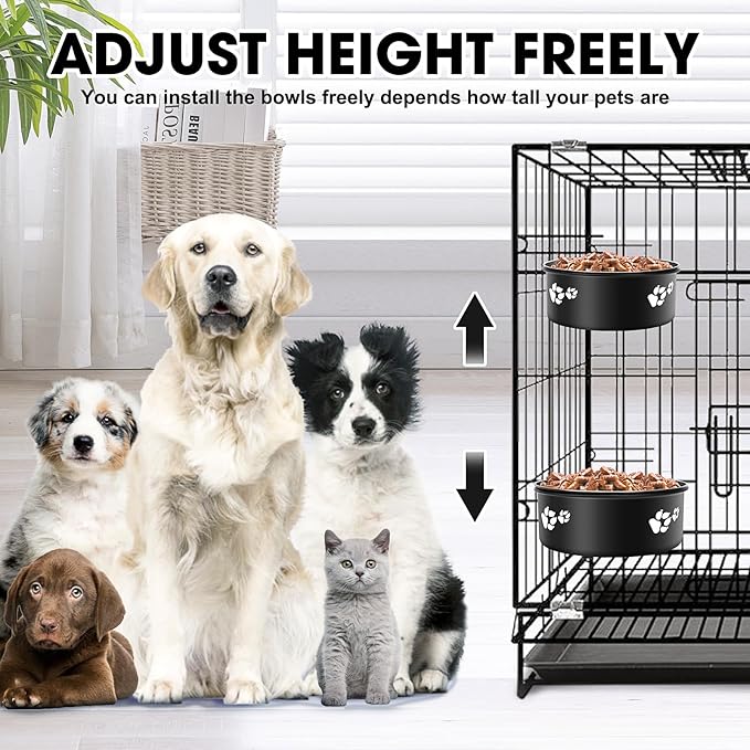 Dog Crate Bowls Hanging 2 Pack, ShineMe Hanging Food and Water Bowl for Dog Cage, Crate, Kennel - No Spill Metal Feeder Crate Bowls for Large and Medium Dogs (7.1x2.9” & 6.2x2.6”)
