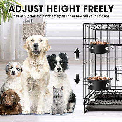 Dog Crate Bowls Hanging 2 Pack, ShineMe Hanging Food and Water Bowl for Dog Cage, Crate, Kennel - No Spill Metal Feeder Crate Bowls for Large and Medium Dogs (7.1x2.9” & 6.2x2.6”)