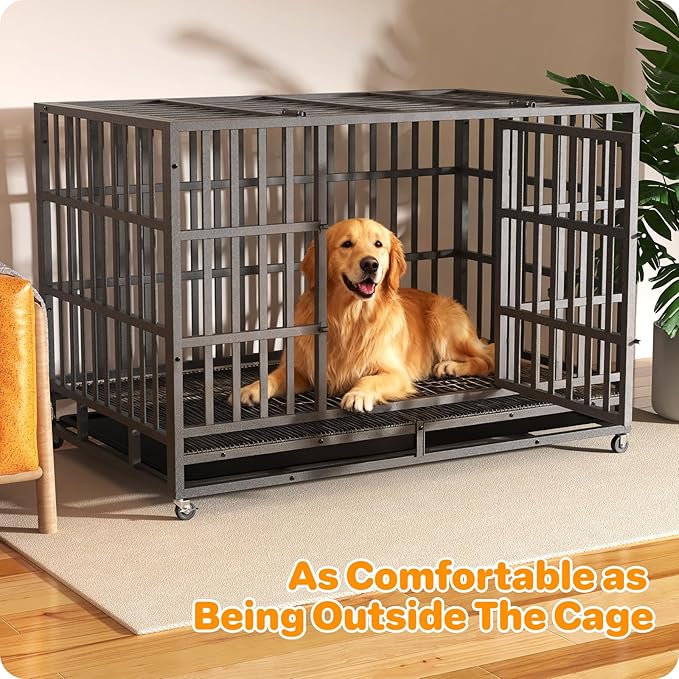 Hiwokk 48 Inch Heavy Duty Dog Crate, Indestructible Escape-Proof Dog Kennel for High Anxiety Large Dogs, Strong Metal Pet Cage with Double Doors, Lockable Wheels & Removable Tray, XL XXL XXXL
