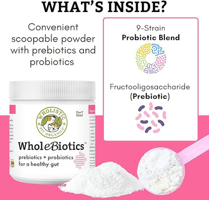 Wholistic Pet Organics WholeBiotics - Daily Dog Probiotics for Digestive Health Support & Immune Boost - 9 Strains - Prebiotics & Probiotics for Dogs & Cats - Gut Health for Dogs - 3 Oz - 85 Scoops