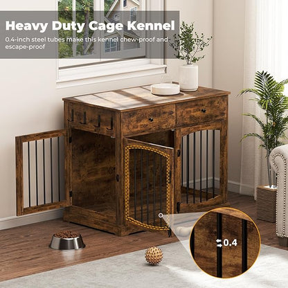 Dog Crate Furniture, Wooden Dog Kennel Furniture, Heavy-Duty Dog Crate End Table with Storage Drawers, Double Doors Decorative Pet Cage House Indoor for Small Medium Dog, 40Inch, Rustic Brown
