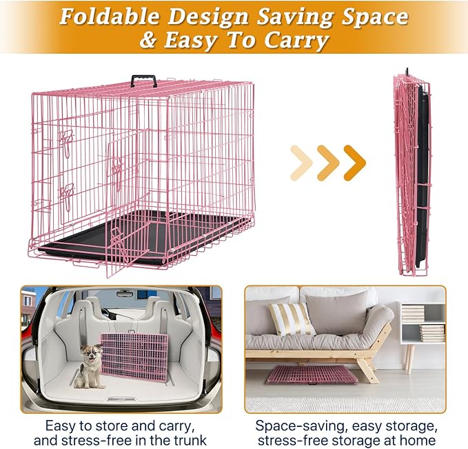Dog Crate Dog Kennel Cage for Small Dogs, 24" Portable Foldable Indoor Outdoor Large Double Door Wire Metal Puppy Cat Pet Dog Cage with ABS Tray LC & Divider, Pink