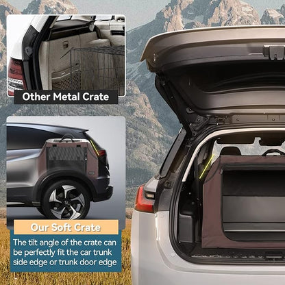 PETSFIT Soft Dog Crate, Travel Dog Crate - 24 Inch Sturdy Adjustable Structure, Easy to Set Up, Portable Dog Car Crate, Light Tough with 3 Mesh Doors Brown