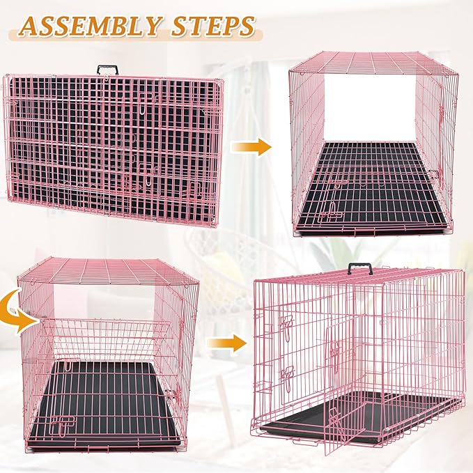 Dog Crate for Large Medium Dogs Folding Dog Kennel Cage with Plastic Tray & Divider 48" Indoor Outdoor Metal Double Door Pet Playpen Heavy Duty Dog Pen Enclosure Pink