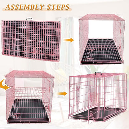 Folding Dog Crate 36" Metal Portable Outdoor Double Door Wire Large Cat Pet Dog Cage Kennel with ABS Tray LC & Divider, Pink