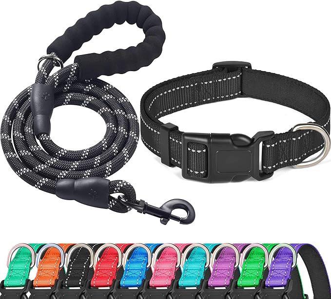 Ladoogo Reflective Dog Collar Padded with Soft Neoprene Breathable Adjustable Nylon Dog Collars for Small Medium Large Dogs (X-Small (Pack of 1), Black Collar+Leash)