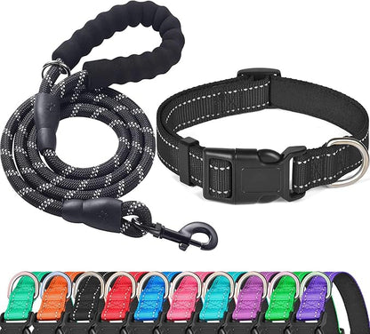 Ladoogo Reflective Dog Collar Padded with Soft Neoprene Breathable Adjustable Nylon Dog Collars for Small Medium Large Dogs (Medium (Pack of 1), Black Collar+Leash)
