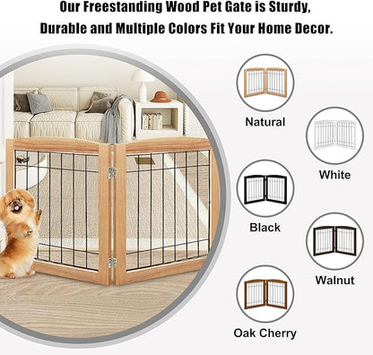 LZRS 2-Panel Freestanding Foldable Wood Dog Gate – Solid Wood & Steel Wire, Chew-Resistant Pet Barrier for Indoor Use, Ideal for Small to Medium Dogs, Natural