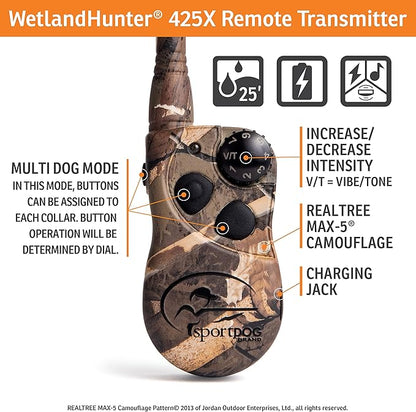 SportDOG WetlandHunter 425X Remote Trainer - Reliable Off-Leash Control - Rechargeable - Waterproof DryTek Technology - Adjustable Training Collar - Camouflage - 500-Yard Range, 2 Collars