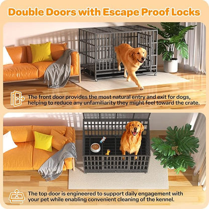 Hiwokk 48 Inch Heavy Duty Dog Crate, Indestructible Escape-Proof Dog Kennel for High Anxiety Large Dogs, Strong Metal Pet Cage with Double Doors, Lockable Wheels & Removable Tray, XL XXL XXXL