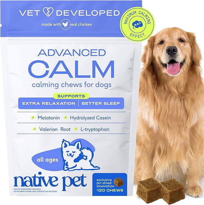 Native Pet Advanced Calming Chews for Dogs Large Breed - Anxiety Relief, Stress, Separation & Sleep Support with Melatonin for Dogs, Hydrolyzed Casein, Valerian Root & L-Tryptophan - 30 Days Supply