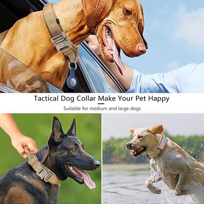 DAGANXI Tactical Dog Collar, Adjustable Military Training Nylon Dog Collar with Control Handle and Heavy Metal Buckle for Medium and Large Dogs, with Patches and Airtags Case (S, Brown)