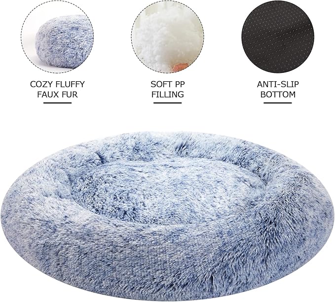Bedfolks Calming Donut Dog Bed, 30 Inches Round Fluffy Dog Beds for Medium Dogs, Anti-Anxiety Plush Dog Bed, Machine Washable Pet Bed (Navy Blue, Medium)