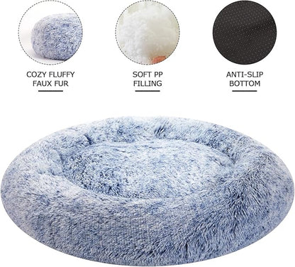 Bedfolks Calming Donut Dog Bed, 30 Inches Round Fluffy Dog Beds for Medium Dogs, Anti-Anxiety Plush Dog Bed, Machine Washable Pet Bed (Navy Blue, Medium)