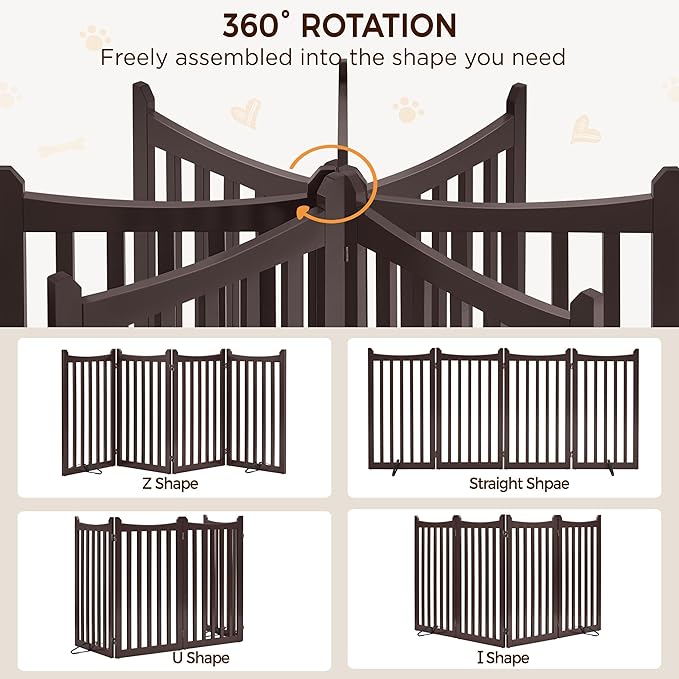 Yaheetech 36" H Extra Tall Freestanding Pet Gate 4-Panel Wooden Dog Fence with 2 Support Feet Folding Dog Gate for Indoor, Stairs, Doorway, Halls, Kitchen Wooden Pet Barrier Espresso, 79.5" L x 36" H