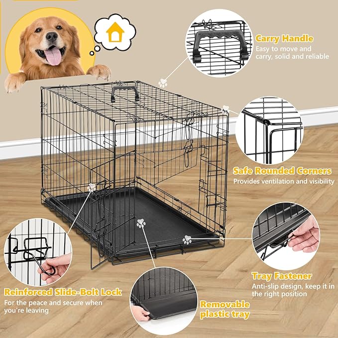 DUMOS Dog Crate, 48 Inch Large Double Door Dog Cage with Plastic Leak-Proof Pan Tray, Folding Extra Large Size Metal Wire Pet Kennel for Indoor, Outdoor, Travel