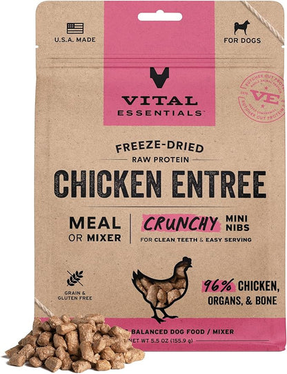 Vital Essentials Freeze Dried Dog Food, Raw Chicken Crunchy Mini Nibs | Complete Meal or Topper | 96% Chicken, Organs & Bone | Limited Ingredient, High Protein, Grain Free Dry Dog Food | 5.5 oz Bag