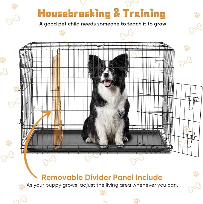 DUMOS Dog Crate, 36 Inch Medium Double Door Dog Cage with Plastic Leak-Proof Pan Tray, Folding Metal Wire Pet Kennel for Indoor, Outdoor, Travel, Black