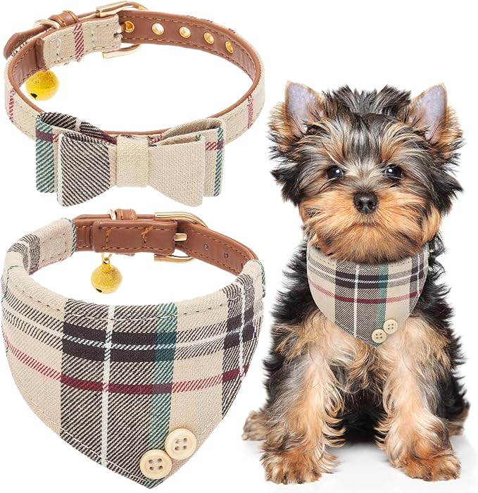EXPAWLORER Dog Collar and Bandana Set - Classic Plaid Dog Bow Tie and Bandana Collar with PU Leather, Adjustable Collars for Small Medium Large Dogs Cats, Holiday Ideal Gift, Beige S