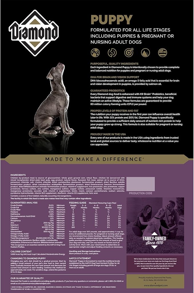 Diamond Puppy Dry Dog Food 31/20 for All Life Stages Including Puppies and Pregnant and Nursing Adult Dogs 20lb Bag