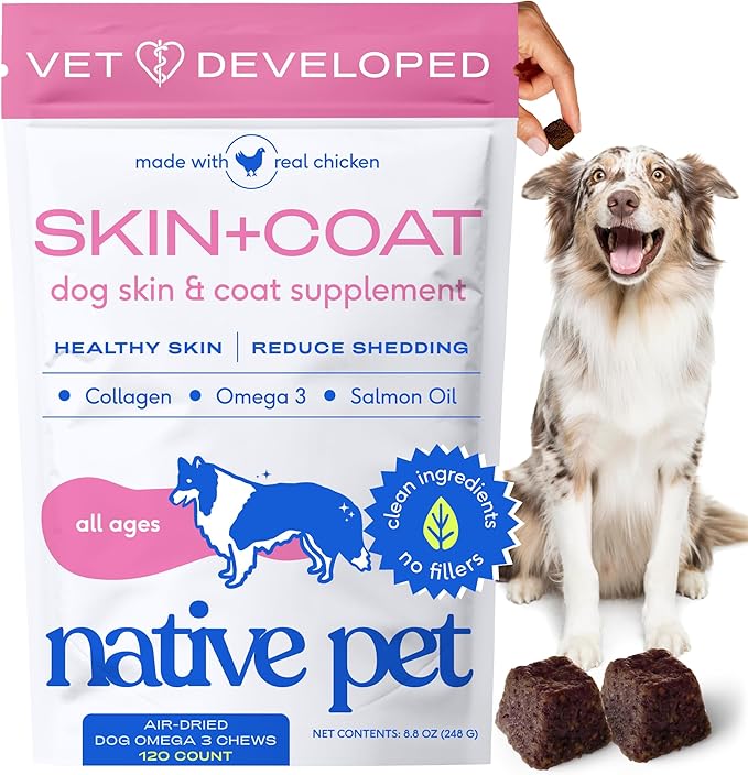 Native Pet Skin & Coat Chews - Omega 3 Fish Oil for Dogs Skin & Coat Supplement - Itch Relief, Shiny Fur & Shedding Support - Collagen, Hyaluronic Acid, Biotin, Probiotics & Salmon Oil - 120 Chews