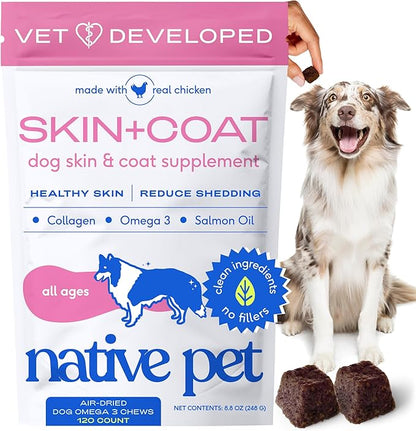 Native Pet Skin & Coat Chews - Omega 3 Fish Oil for Dogs Skin & Coat Supplement - Itch Relief, Shiny Fur & Shedding Support - Collagen, Hyaluronic Acid, Biotin, Probiotics & Salmon Oil - 120 Chews