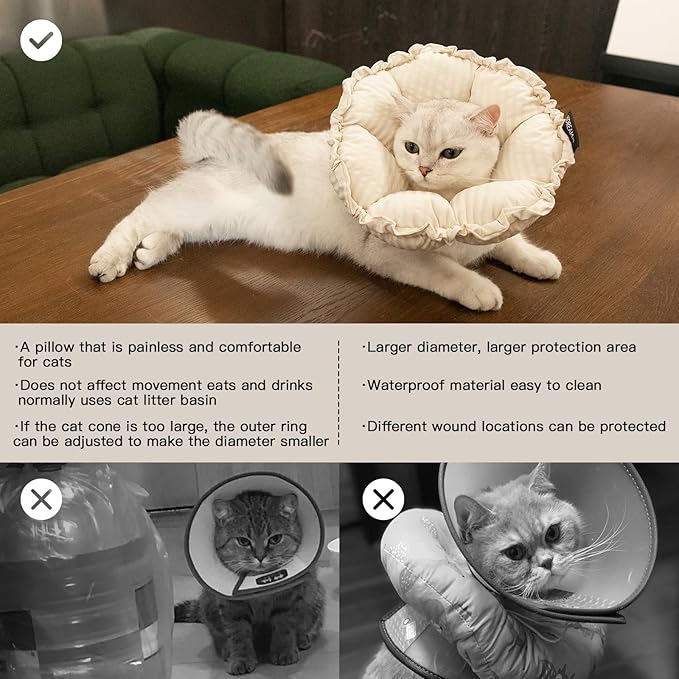 H HIDREAM Soft Cat Cone Collar， Cute Adjustable Cat Recovery Collar，Elizabethan e Collar that can Protect Head and Foot Wounds，Egg White All-Season Style