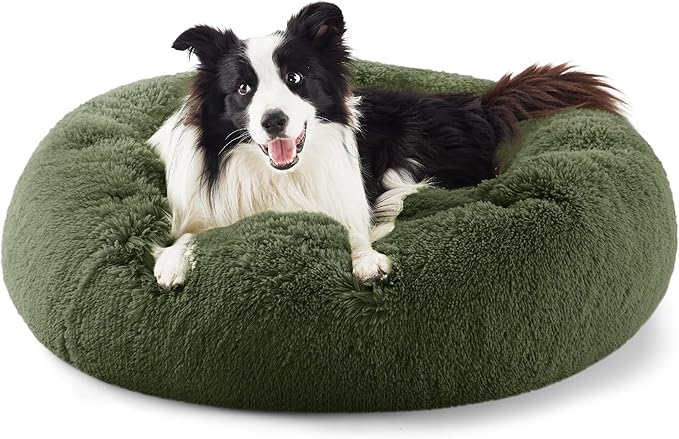 Bedsure Calming Dog Beds Large Sized Dog - Donut Washable Large Pet Bed, 36 inches Anti-Slip Round Fluffy Plush Faux Fur Dogs Bed, Fits up to 80 lbs Pets, Rifle Green