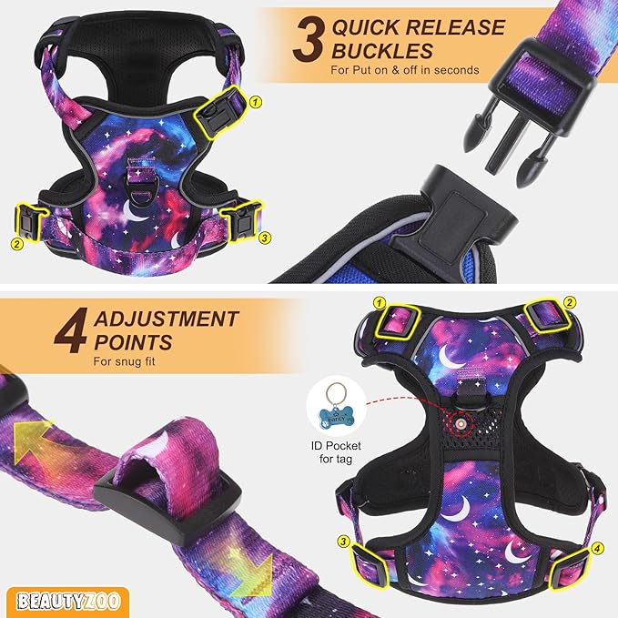 BEAUTYZOO No Pull Dog Harness and Leash Set for Small Dogs, Adjustable Dog Vest Harnesses with 2 Metal Leash Clips, Reflective Oxford No Choke Escape Proof Step in Pet Vest with Handle, Purple S
