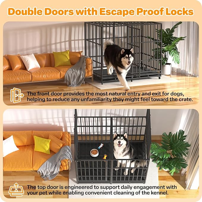 Hiwokk 54 Inch Heavy Duty Dog Crate, Indestructible Escape-Proof Dog Kennel for High Anxiety Large Dogs, Strong Metal Pet Cage with Double Doors, Lockable Wheels & Removable Tray, XL XXL XXXL
