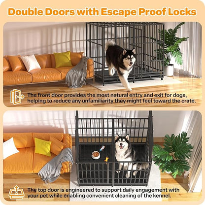 Hiwokk 54 Inch Heavy Duty Dog Crate, Indestructible Escape-Proof Dog Kennel for High Anxiety Large Dogs, Strong Metal Pet Cage with Double Doors, Lockable Wheels & Removable Tray, XL XXL XXXL