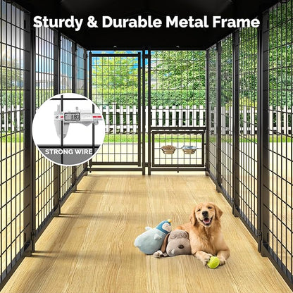 Sino Luban Outdoor Dog Kennel Outside Run with Doggy Door, Swivel Feeder&Roof - 8x4x6FT Large Dog Kennels Pens Outside for Large Dogs Breed- Heavy Duty Cage Yard (Can Connect to Your Dog House)