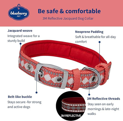 Blueberry Pet Reflective Jacquard Dog Collar with Neoprene Padding & Metal Buckle | Soft & Adjustable Safety Collar - Coral, Neck 13-16.5", for Medium Breed