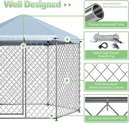 EUNHOO Outdoor Dog Kennel,6.9'L x 6.9'W x 7.5'H Metal Wire Dog Kennel for Large Dogs,Heavy Duty Dog Pen Dog Run with Roof, Fence for Dogs Outside Yard