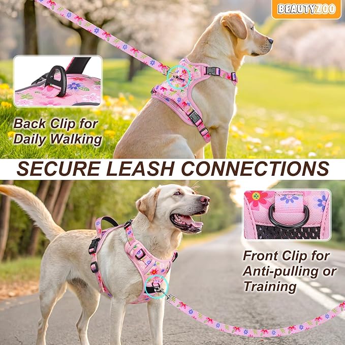 BEAUTYZOO No Pull Dog Harness and Leash Set with 2 Metal Leash Clips - Overhead-Free 3 Snap Buckles Design, Adjustable No-Choke Soft Padded Reflective Oxford Pet Vest for Small Medium Large Dogs, L