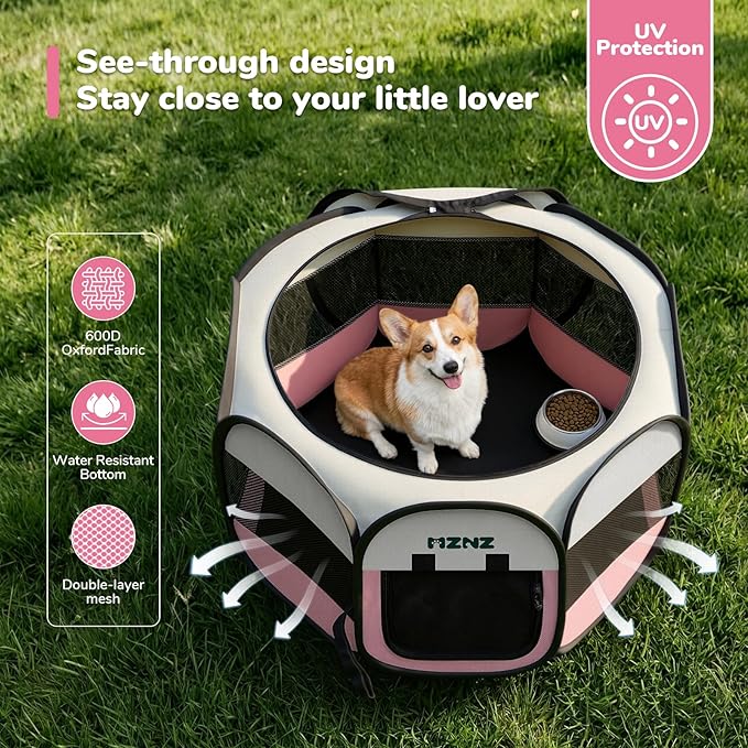 Dog Playpen, Portable Puppy Pet Crate Indoors for Small/Medium Dogs Cats Rabbits, Foldable Dog Cage Enclosure for Outdoor, Pop Up Dogs Tent Kennel with Carrying Case, Pink