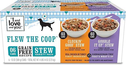 I AND LOVE AND YOU Wet Dog Food - Flew The Coop Variety Pack - Chicken + Turkey, Grain Free, Filler Free 13oz can, 6pk