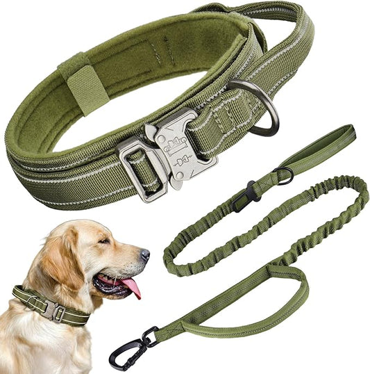 KCUCOP Heavy Duty Tactical Dog Collar and Leash Set, Military Training Nylon Reflective Collar with Handle Metal Buckle for Medium Large Dogs, Green, M (1 Patch Included)