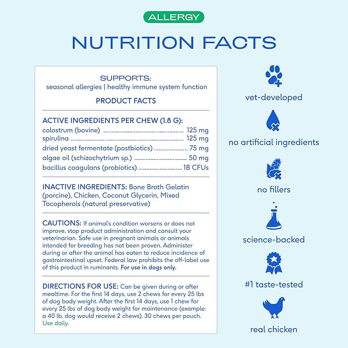 Native Pet Dog Allergy Chews - Dog Allergy Relief for Small Breeds - Supports Seasonal Itch Relief, Healthy Immune Function & Reduces Sneezing - Colostrum, Spirulina, & Probiotics - 30 Days Supply