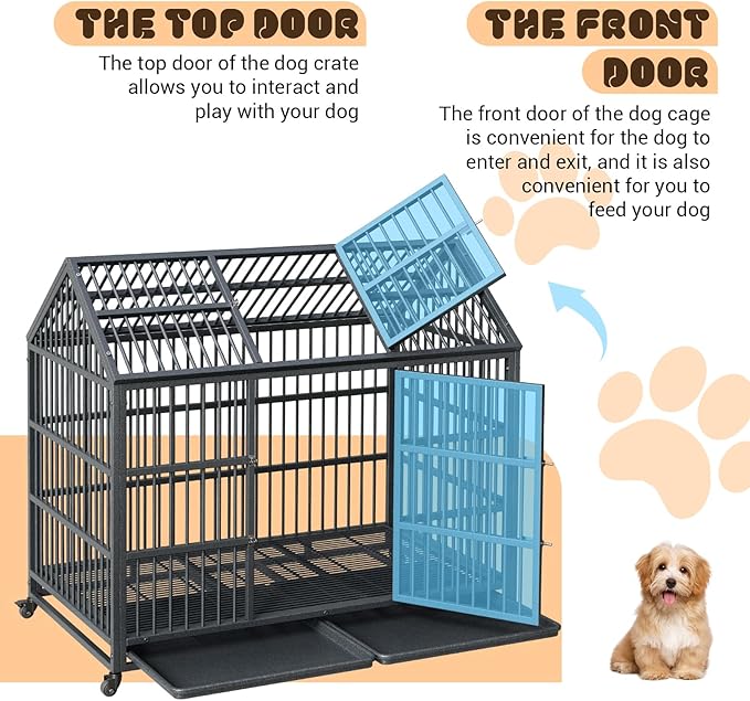 Heavy Duty Dog Crate, 52 Inches Large Metal Dog Kennel with Roof Top, 2 Door Pet Cage with Removable Tray and Wheels for High Anxiety Large Giant Breeds