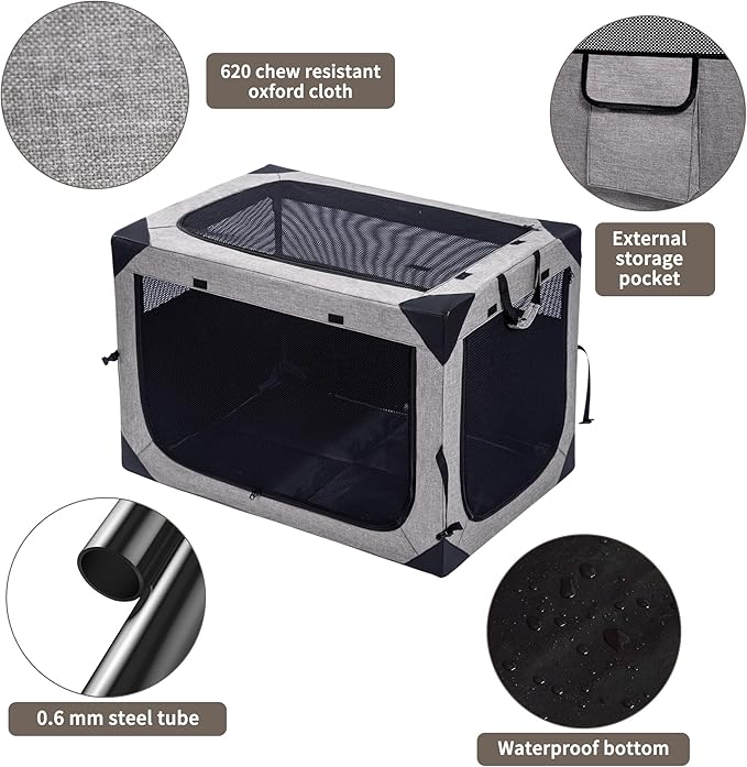 Hiaksedt Dog Crates - 36 Inch Collapsible Soft Dog Crate, 3-Door Foldable Soft Kennel for Large Dogs, Portable Pet Travel Cage with Chew Proof Mesh Window for Outdoors