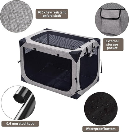 Hiaksedt Dog Crates - 36 Inch Collapsible Soft Dog Crate, 3-Door Foldable Soft Kennel for Large Dogs, Portable Pet Travel Cage with Chew Proof Mesh Window for Outdoors