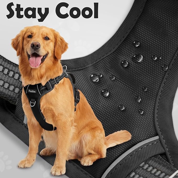 Funfox Dog Harness for Large Dog No Pull, Adjustable Pet Vest Harness, Vertical Handle Easy Control with 2 Leash Clips, Reflective Safe Night Walking for Small Medium Large Size, Black, L