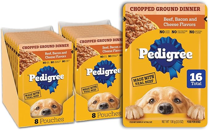 Pedigree Chopped Ground Dinner Wet Dog Food Pouches with Beef, Bacon, & Cheese Flavor, 3.5 oz Pouches, 16 Count