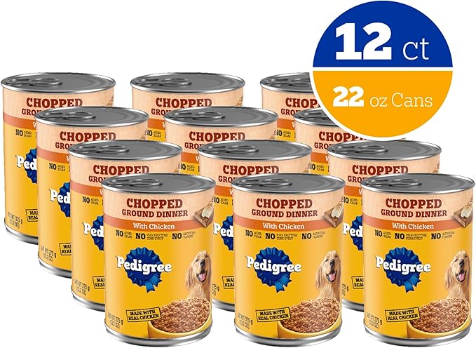 Pedigree Chopped Ground Dinner Adult Soft Wet Dog Food with Chicken, Canned Dog Food, 13.2 oz. Cans, 12 Count