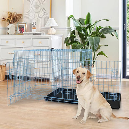 Dog Crate, 24/30/36/42/48 Inch Dog Crates for Small Medium Large Dogs Indoor, Folding Metal Dog Kennel Dog Cage with Double-Door, Divider Panel, Removable Tray, Locks and Handle, (42 Inch, Blue)