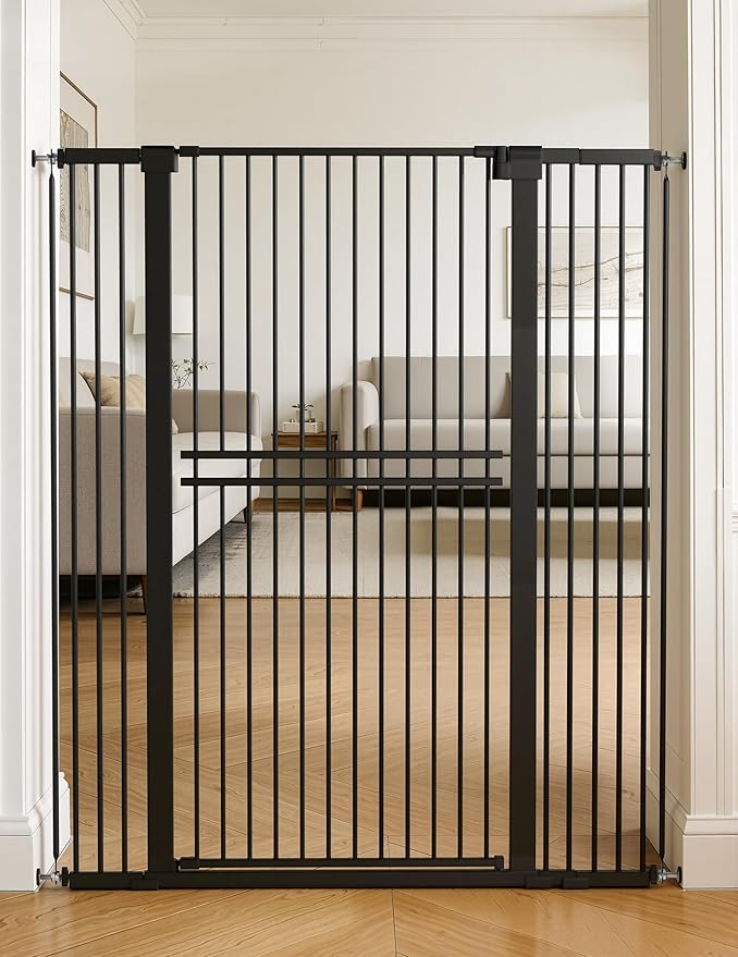 No Pawblems 55" Extra Tall Pet Gate for Cat/Dog, 31.5-48" Wide Auto Close Tall Cat Gate with 25.6" Wide Walk-Thru Door Opening, 1.37" Ultra Narrow Spacing, NO Drilling Pressure Mounted, Black