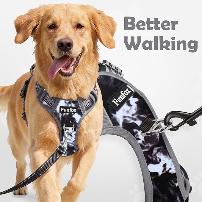 Funfox Dog Harness No Pull, Adjustable Pet Vest Harness, Super Soft Material with Vertical Handle Easy Control, Reflective Night Walking, 2 Leash Clips for Medium Sized Dogs, Misty Gray, M